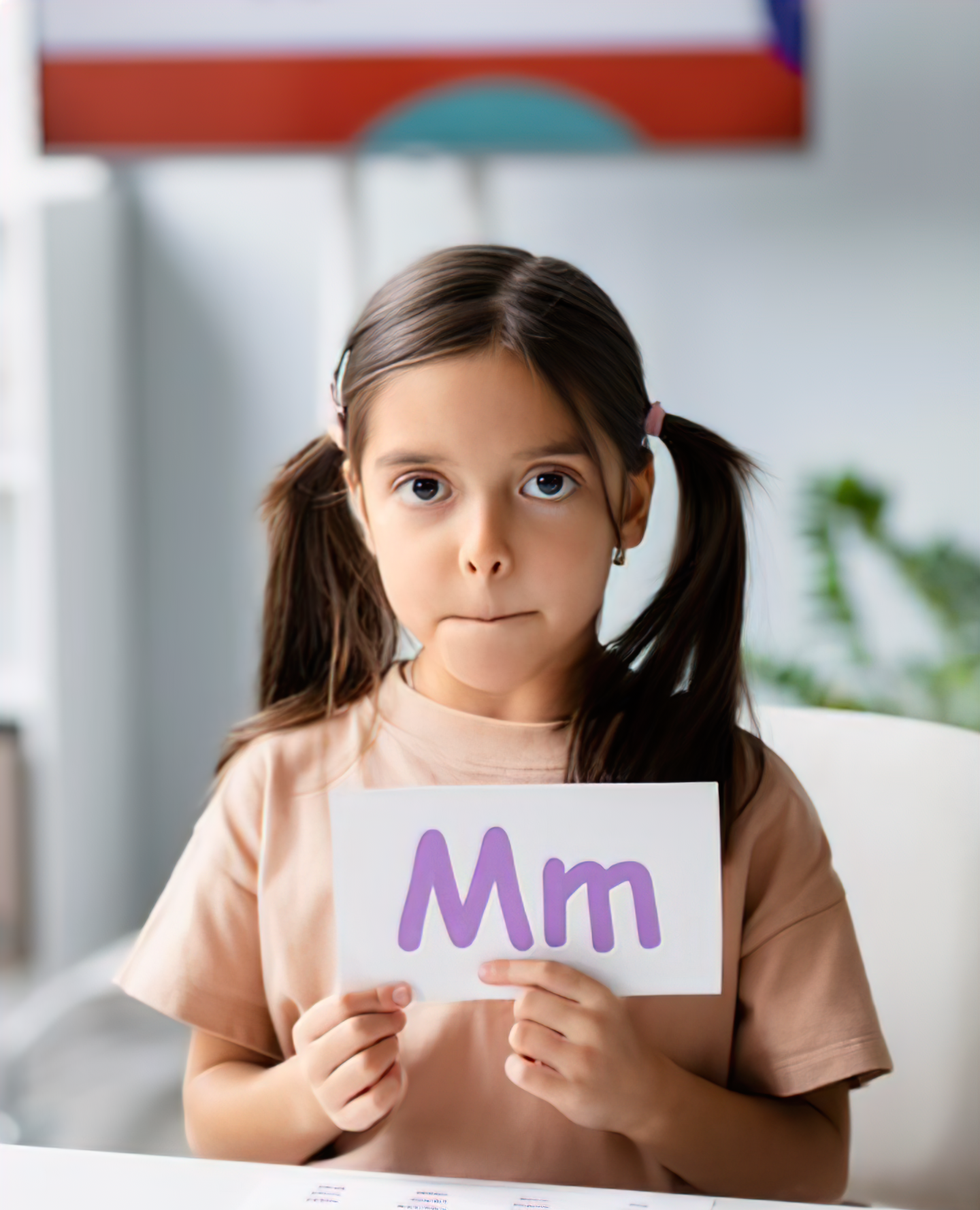 niña sosteniendo papel con letra it terapia del habla